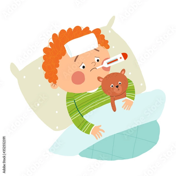 Obraz Illustration of a Sick Boy Wrapped in a Blanket and with a Compress on His Head. Cartoon vector hand drawn eps 10 illustration isolated on white background in a flat style.