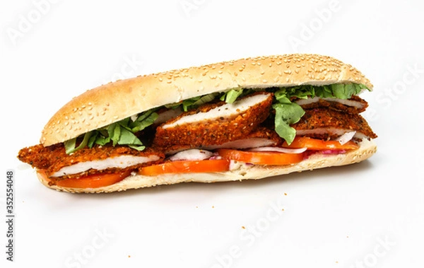 Obraz Baguette sandwich with Schnitzel on a white background