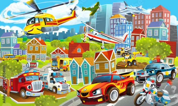 Fototapeta cartoon happy and funny scene of the middle of a city with cars driving by and planes flying illustration