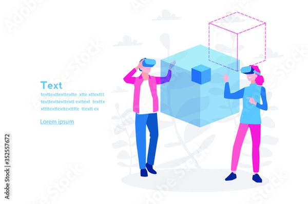 Fototapeta Man and woman wearing virtual reality headset and looking at abstract VR world. Vector illustration for web banner, infographics, mobile . Virtual augmented reality glasses.