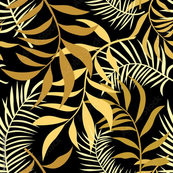 Fototapeta Abstract golden tropical leaves seamless pattern.