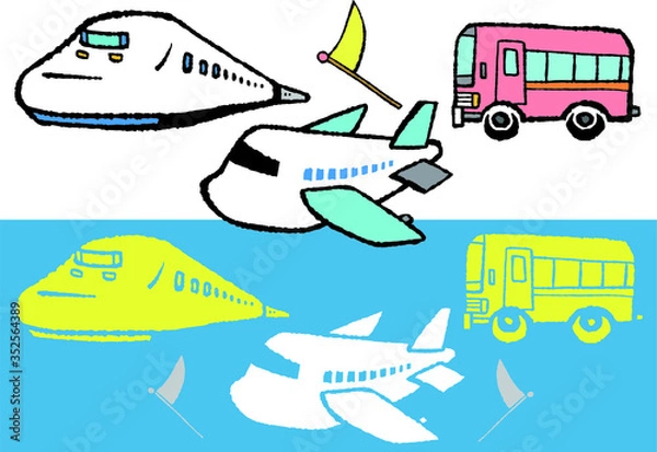 Fototapeta 飛行機や新幹線、観光バス。旅行に欠かせない乗り物たちのイラストです。