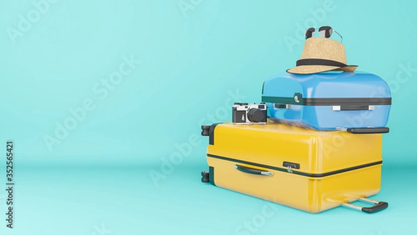 Obraz Yellow and blue suitcase with sun hat and glasses, camera on pastel background., travel concept.,3d illustration.