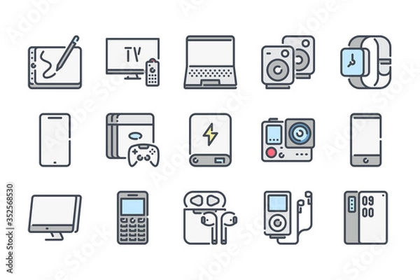 Fototapeta Electronic Devices related color line icon set. Gadgets and Electronic Equipment colorful linear icons. Electronics and Multimedia equipment flat color outline vector sign collection.