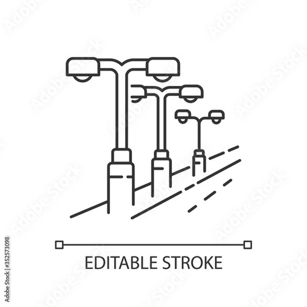 Fototapeta Street lighting pixel perfect linear icon. Lamp pillar row in public area. Downtown night lantern. Thin line customizable illustration. Contour symbol. Vector isolated outline drawing. Editable stroke