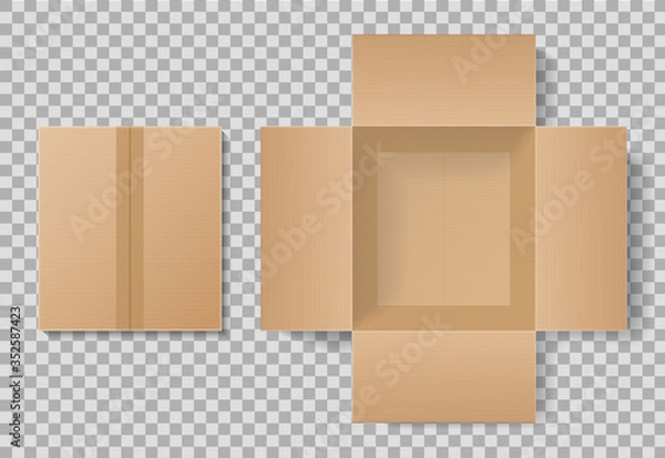 Fototapeta Cardboard box top view for delivery. Open and closed carton package mockup for gift. Empty realistic brown container with inside view. Paper parcel template on isolated background. Design vector.