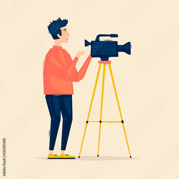 Fototapeta Man shoots a video, a blogger, filming. Flat illustration in cartoon style. Vector.