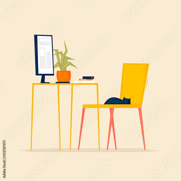 Fototapeta Workplace, vacancy, work from home. Flat illustration in cartoon style. Vector.
