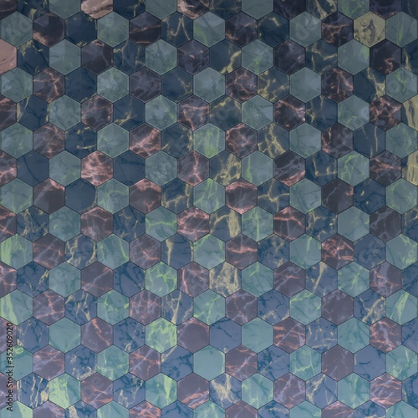 Fototapeta Fragment multicolored ceramic tiles for wall and floor decoration. Texture for use in graphic and architectural project. Pattern of ceramic tiles of hexagon shape for background. 3D illustration.