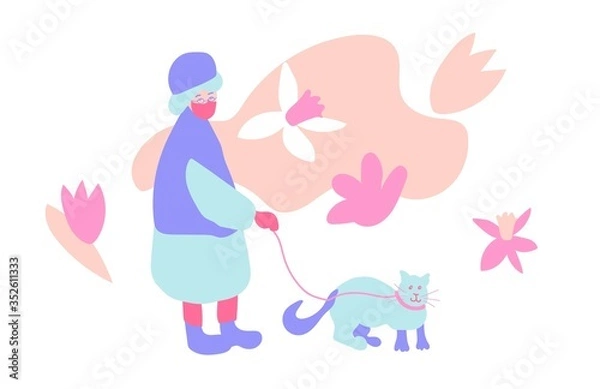 Fototapeta An elderly woman walks with a cat on a white background.Spring llustration with a people and an animal in flat style in shades of pink and blue color. Design for banners,posters,web,social networks.
