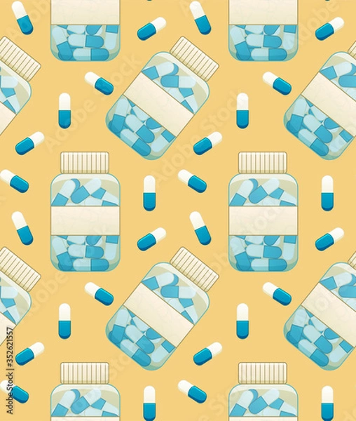 Fototapeta Bottles with oval capsule pills seamless pattern on yellow background