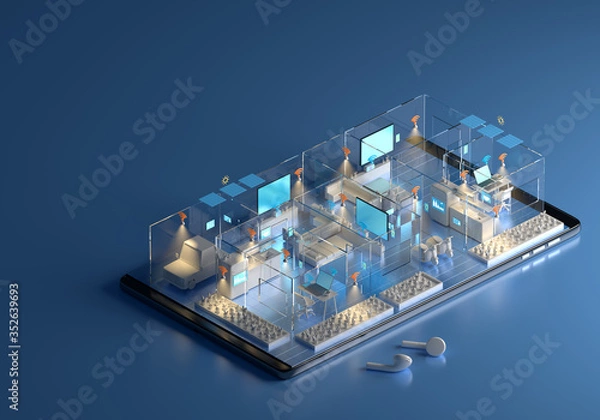 Fototapeta home technology system information idea concept. ecological network control house function smartphone app. lighting electric energy connection smart innovation design. automatic remote. 3d illustrator