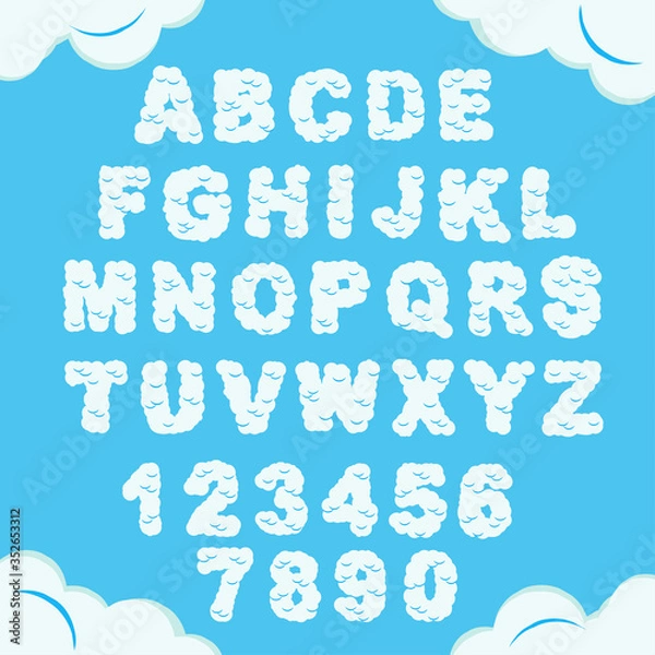 Fototapeta Cloud font. Sky Alphabet. Cloudy Chubby letters and numbers. Heaven fluffy typeface. Vector