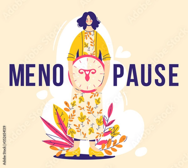 Obraz Menopause concept. Woman holds clock with female genital organs silhouette. Sign menopause. Modern flat vector illustration