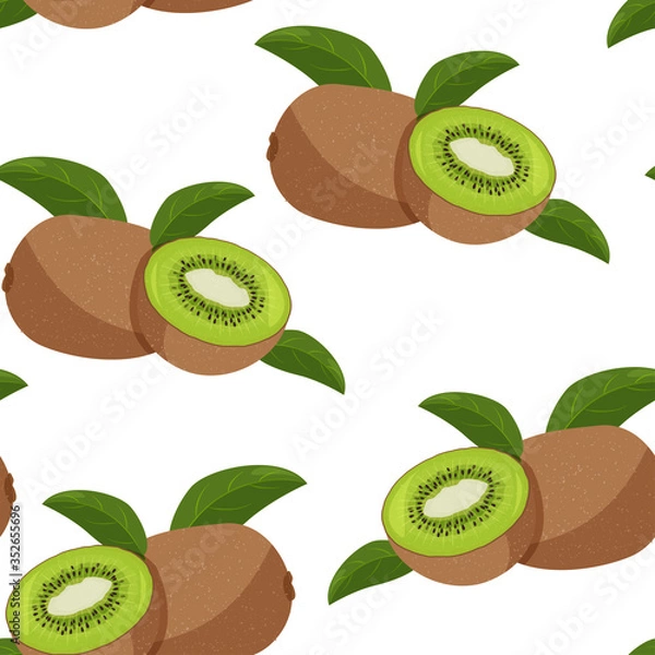 Obraz Fresh kiwi fruit with green leaves background. Summer seamless pattern.