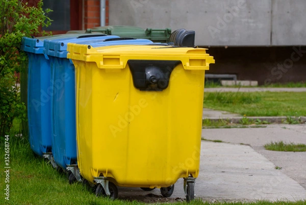 Fototapeta GULBENE, LATVIA. 24th May 2020. Waste sorting containers.
