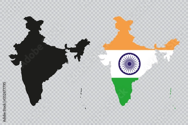 Obraz India Solid Black Detailed Map Vector With Indian Flag