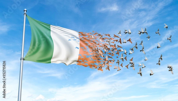 Fototapeta Ireland flag on a pole turn to birds while waving against a blue sky background - 3D illustration.