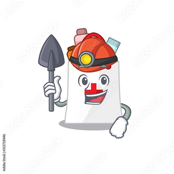 Fototapeta A cartoon picture drug shopping bag miner with tool and helmet