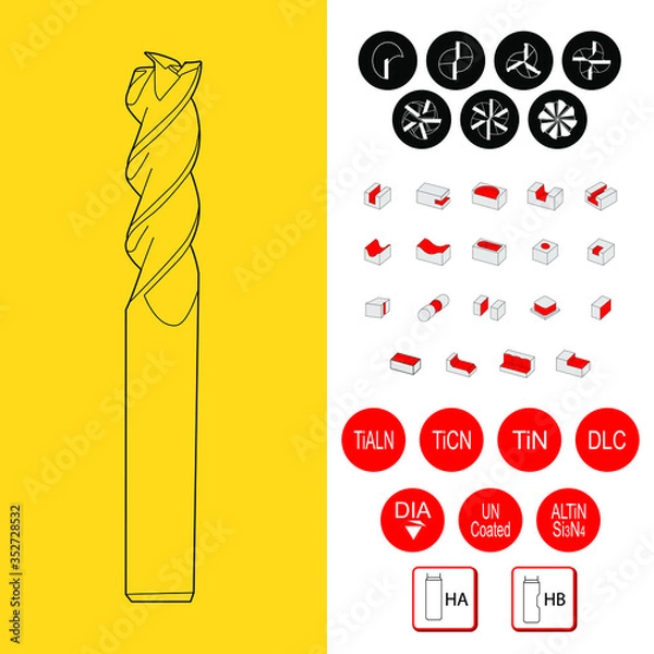 Obraz Drawing of solid carbide end mill for cnc machine. solid carbide end mill cutter. 2, 3, 4, 5, 6, 8, fluted