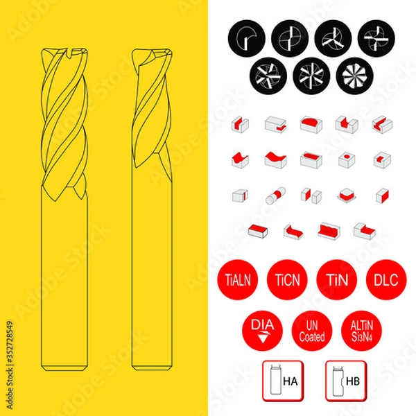 Obraz Drawing of solid carbide end mill for cnc machine. solid carbide end mill cutter. 2, 3, 4, 5, 6, 8, fluted