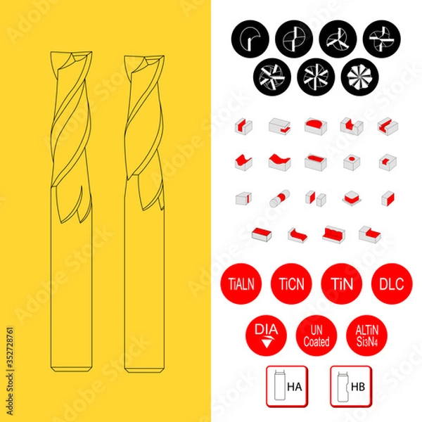 Obraz Drawing of solid carbide end mill for cnc machine. solid carbide end mill cutter. 2, 3, 4, 5, 6, 8, fluted