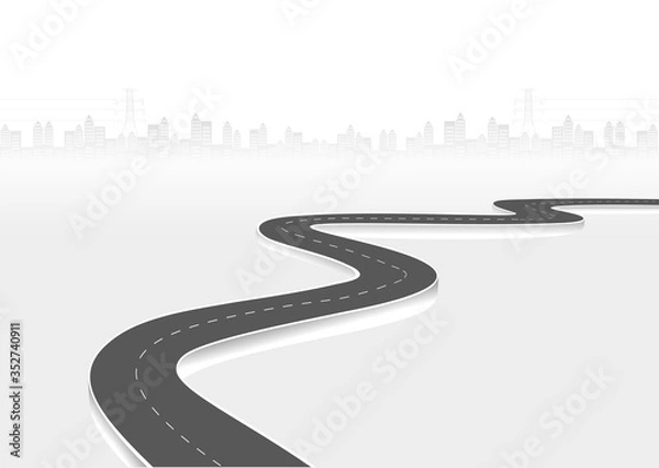 Obraz Roadway journey to the future. Asphalt street isolated on city background. Symbols Way to the goal of the end point. Path mean successful business planning Suitable for advertising and presentstation