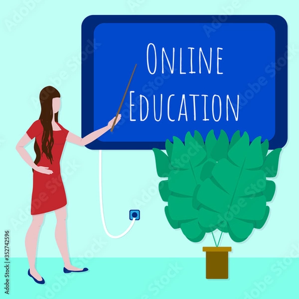 Fototapeta Online Education concept. Beautiful woman with long hair leads distance E-learning webinar training using pointer and large internet whiteboard tablet. Online language or business class. Vector art.