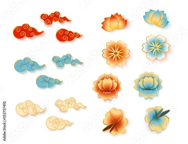 Fototapeta Set of Chinese decorative clouds and flowers in paper or enamel realistic style