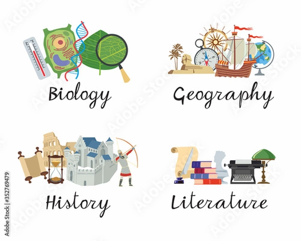 Obraz A set of academic disciplines. Biology, Geography, History, Literature for school notebooks. Vector color graphics
