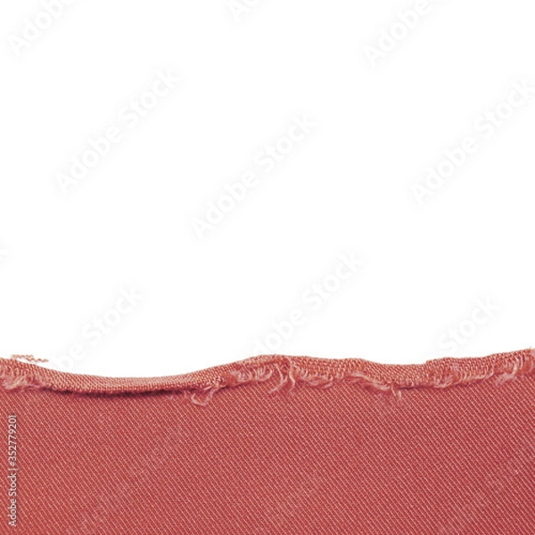 Obraz Destroyed clothing. Fabric texture, sewing material, torn cloth. Cut piece of fabric. Rag background with torn ragged edge. Frame isolated on a white background. Template, background, empty space.