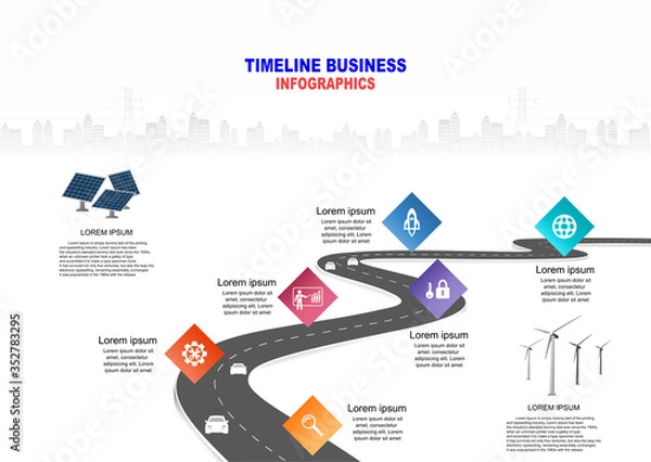 Fototapeta Vector template infographic Timeline of business operations with flags and placeholders on curved roads. Symbols, steps for successful business planning Suitable for advertising and presentations.
