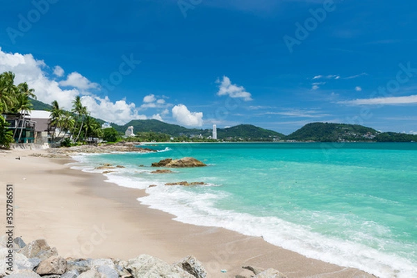 Fototapeta Beautiful view of quiet sunny day Kalim beach near Patong beach in Phuket Thailand during locked down policy due to Covid-19. All beaches in Phuket are not allowed to enter.