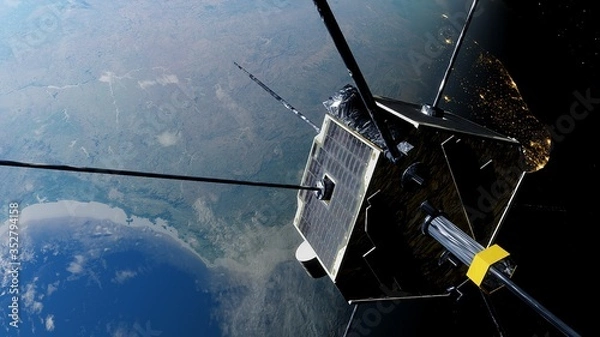 Obraz realistic satellite in orbit of the Earth, artificial satellite of telecommunications, satellite communications from Earth orbit, probe in Earth orbit 3d render