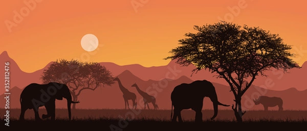 Fototapeta Płaska ilustracja afrykańskiego krajobrazu z sylwetkami zwierząt safari. Słonia i nosorożca pod drzewami. Pasące żyrafy pod pomarańczowym niebo, wektor