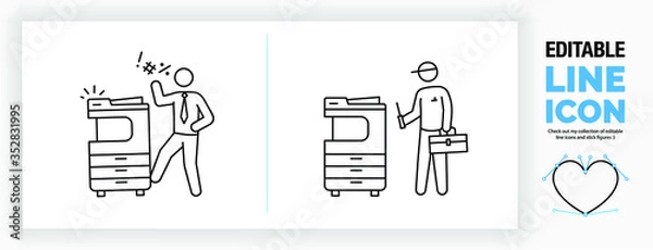 Obraz Editable line icon of a broken printer and a repairman fixing it, part of a huge set of stick figures!