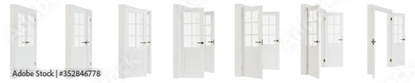 Obraz Interroom door isolated on white background. Set of wooden doors at different stages of opening. 3D rendering.
