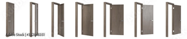 Obraz Interroom door isolated on white background. Set of wooden doors at different stages of opening. 3D rendering.
