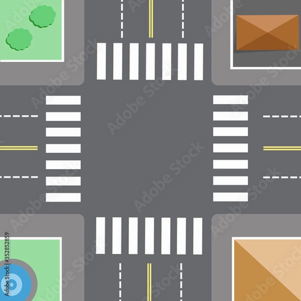 Fototapeta Crossroads with auto with road markings, trees and buildings on the sidewalk vector drawing