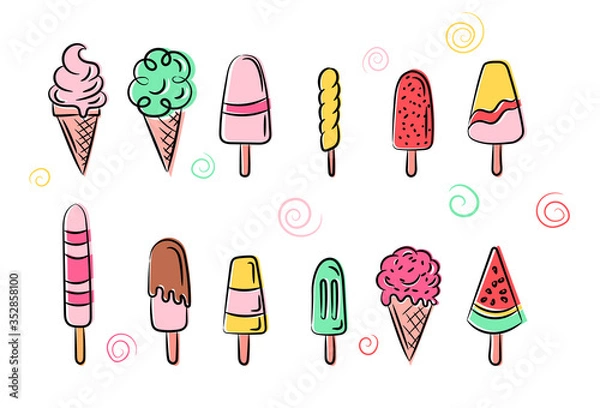 Fototapeta Ice cream set on white background. Ice cream doodle illustration background . Assorted Ice Cream for print, add, card and textile
