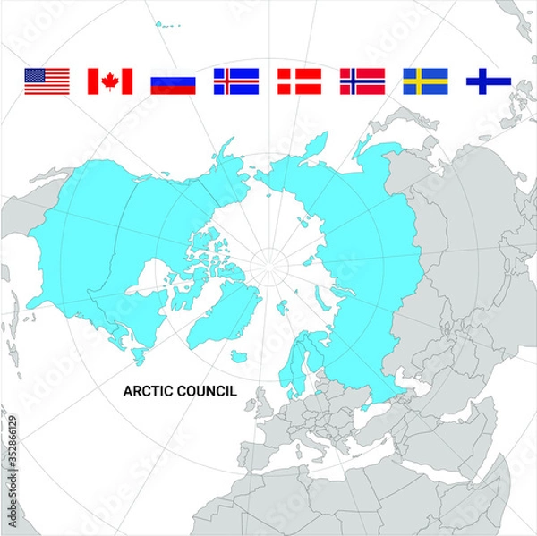 Fototapeta Map of Arctic council countries and flags