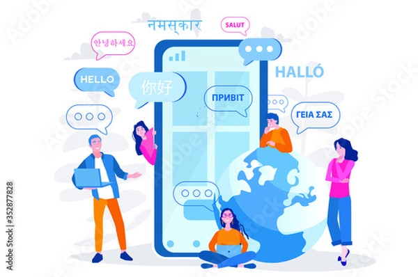 Fototapeta Mobile translator, online dictionary,  Vector illustration for web banner, infographics, mobile. 