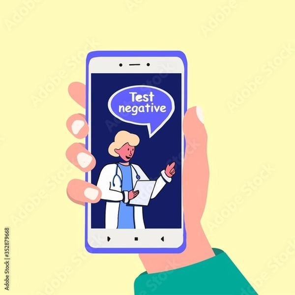 Fototapeta Online doctor says Test negative. Hand holds smartphone and telk to medic. Therapist consultation.. Vector cartoon