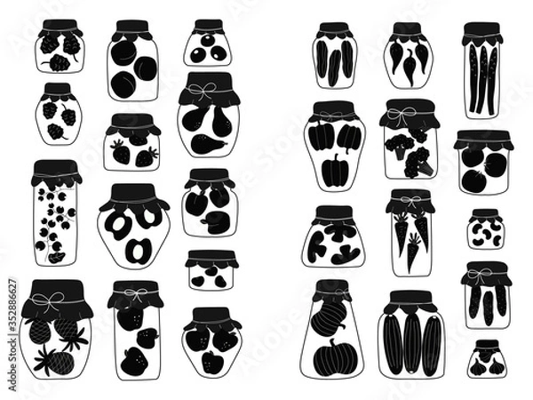 Obraz Collection of  silhouette jars for canning vegetables, fruits and jam. Variety of preserved food in glass jars - pickles, jam, marmalade, sauces, ketchup. Autumn canning. Conservation of harvest.
