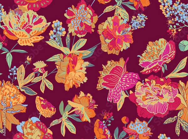 Fototapeta Seamless floral pattern - a bouquet of peonies.