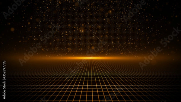 Fototapeta Perspective Grid. Abstract background shining golden floor ground particles stars dust with flare. Futuristic glittering in space on black background.