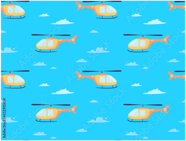 Obraz Vector print with a helicopter that flies through the clouds. Air transport with a propeller in the sky. Yellow helicopter, children's pattern for textiles..Cartoon style isolated