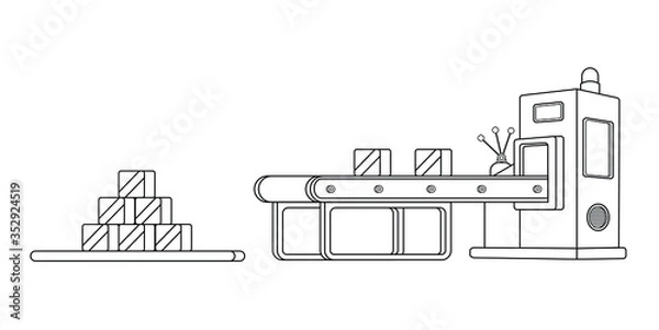 Fototapeta Conveyor assembly line in outline style. Automatic production line concept. Industrial mass production conveyor. Vector illustration