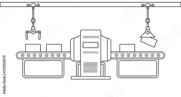 Fototapeta Conveyor assembly line in outline style. Automatic production line concept. Industrial mass production conveyor. Vector illustration