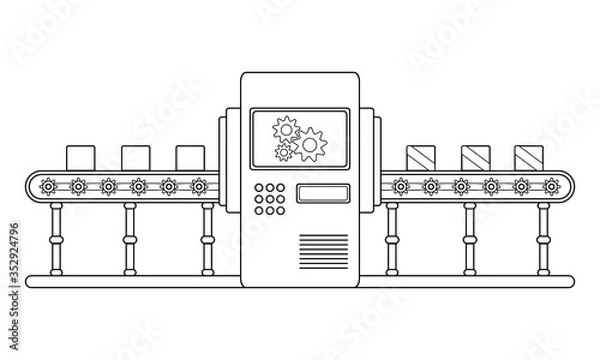Fototapeta Conveyor assembly line in outline style. Automatic production line concept. Industrial mass production conveyor. Vector illustration